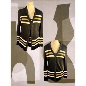 Deadstock Vintage 70s Act III Brown Tan White Stripe Stretch Top and Cardigan XL